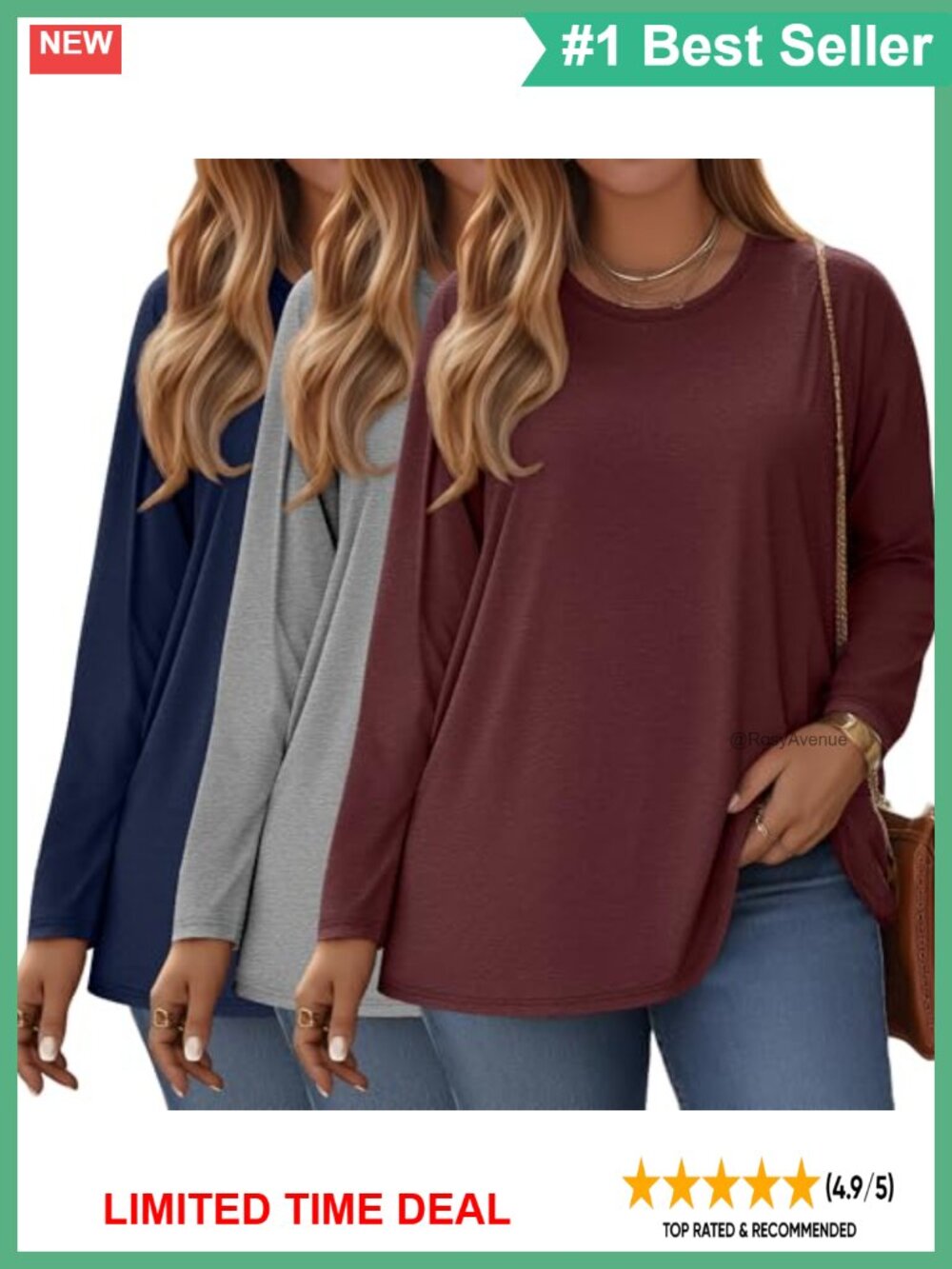 3 Pack Women's Plus Size Long Sleeve Crewneck T-Shirts Soft Stretch